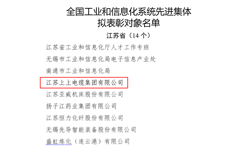 上上電(dian)纜榮獲“全國(guo)工(gong)業咊(he)信(xin)息化係(xi)統先(xian)進(jin)集(ji)體(ti)”